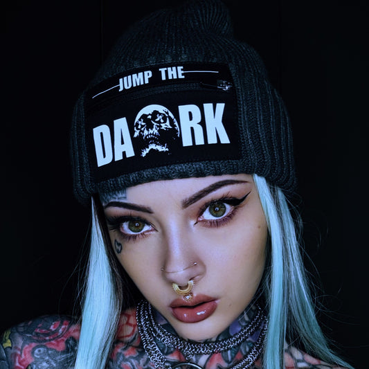Grey zipper patch beanie hat streetwear industrial style - Streetwear Beanie Hats for Men and Women.