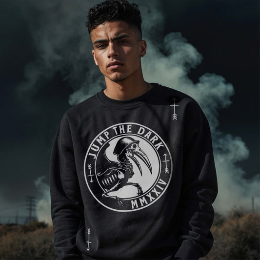 Graphic streetwear sweatshirt – front print crew neck – unisex black jumper - Jump The Dark