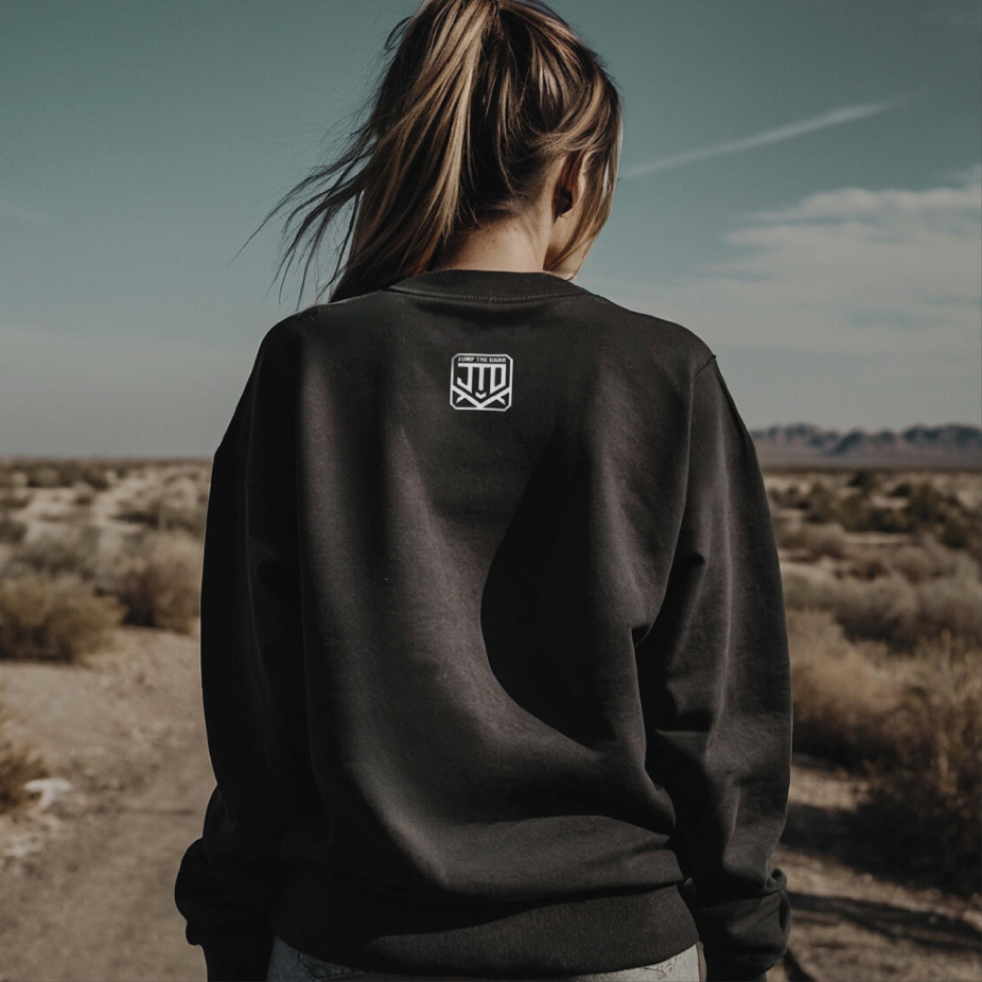 Black streetwear sweatshirt with bold graphic – cotton blend – UK fashion - Jump The Dark