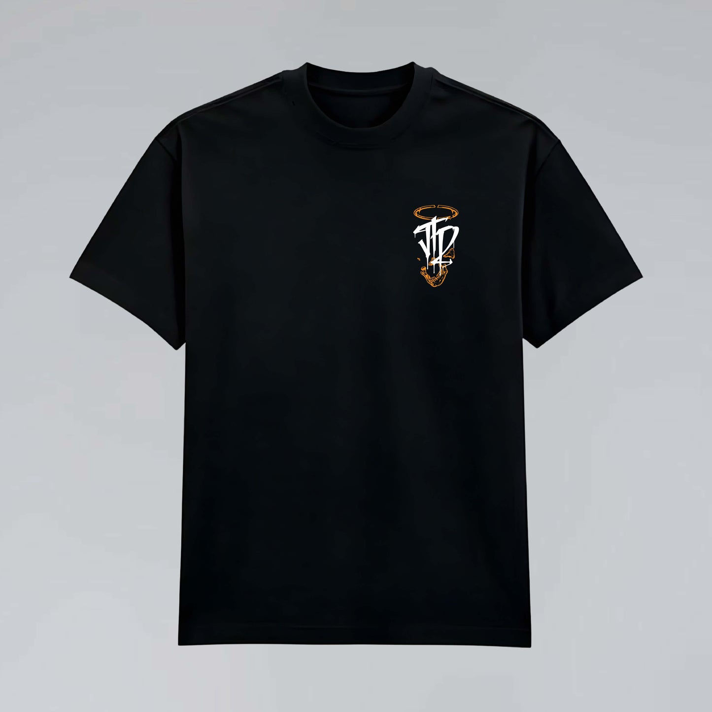 Afterform 245 GSM black cotton T-shirt laid flat with small skeletal JTD chest emblem