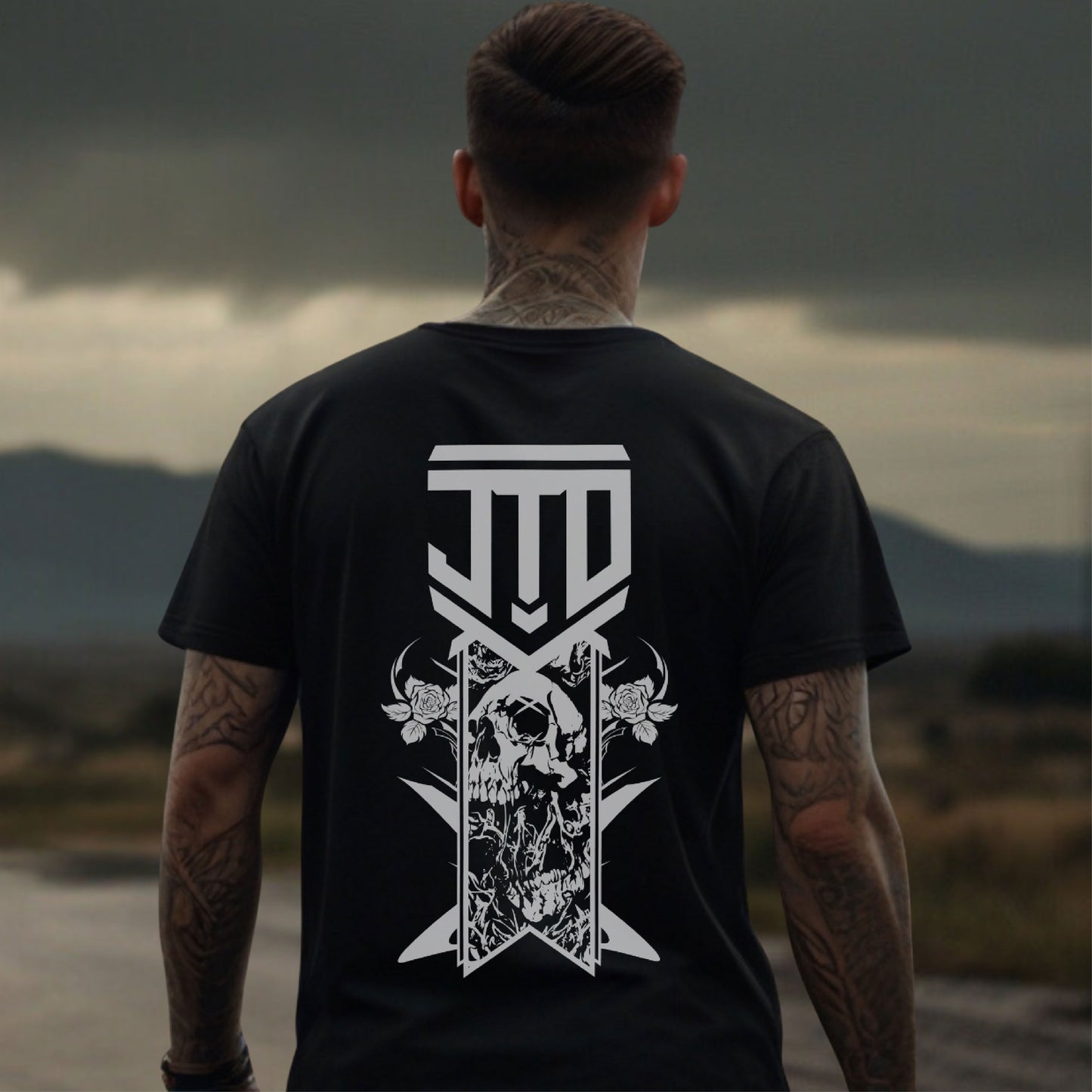 Black Graphic Tee - Skull - Badge Holds Weight - Jump The Dark