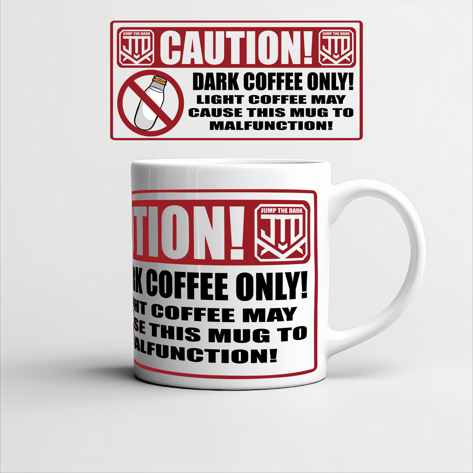 White ceramic coffee mug with funny “Dark Coffee Only” warning graphic - Ceramic Graphic Mug