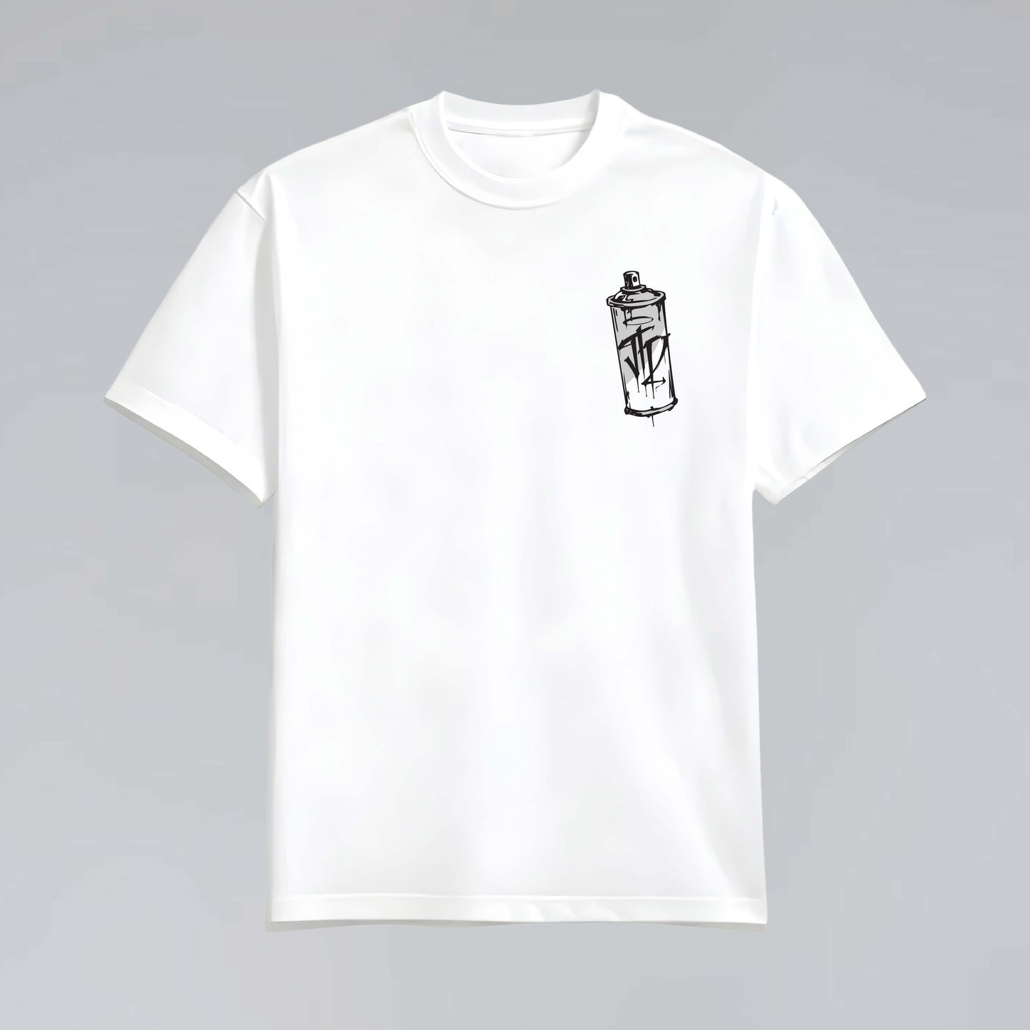London Underground 245 GSM cotton T-shirt laid flat with monochrome spray can chest graphic