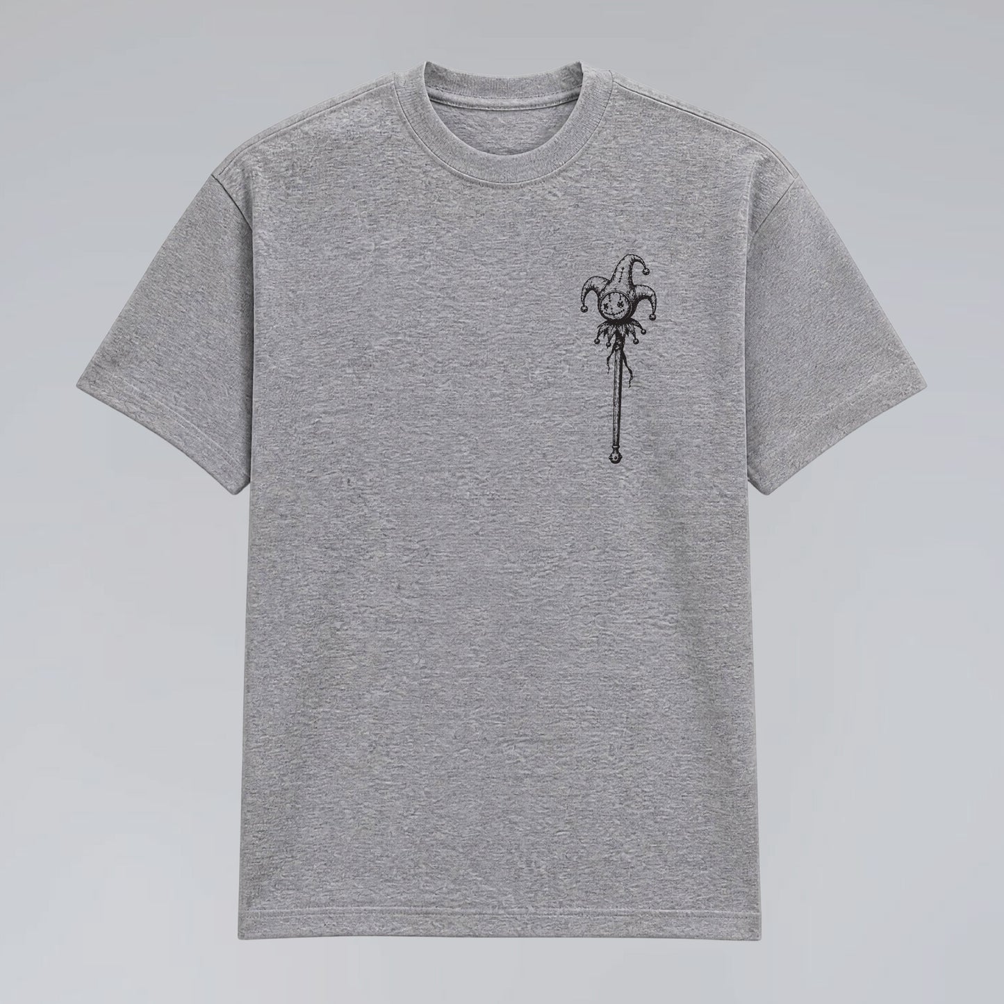 Front flat lay of Midnight Jester grey streetwear tee for men and women.