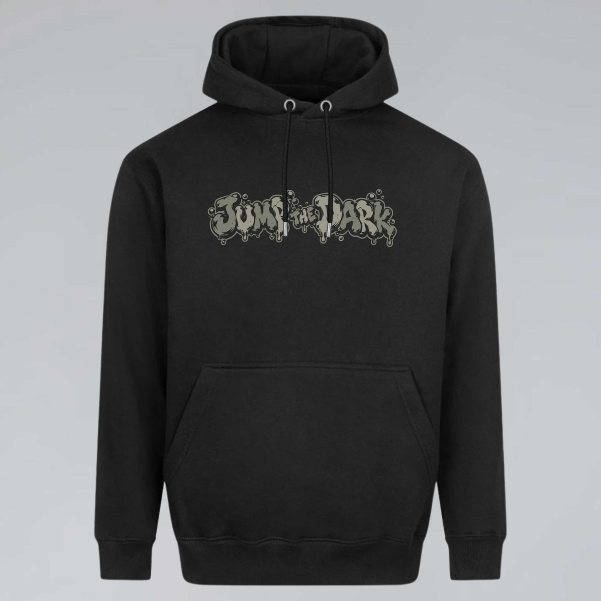 Black No Return core series medium fit unisex hoodie with muted grey green Jump the Dark front