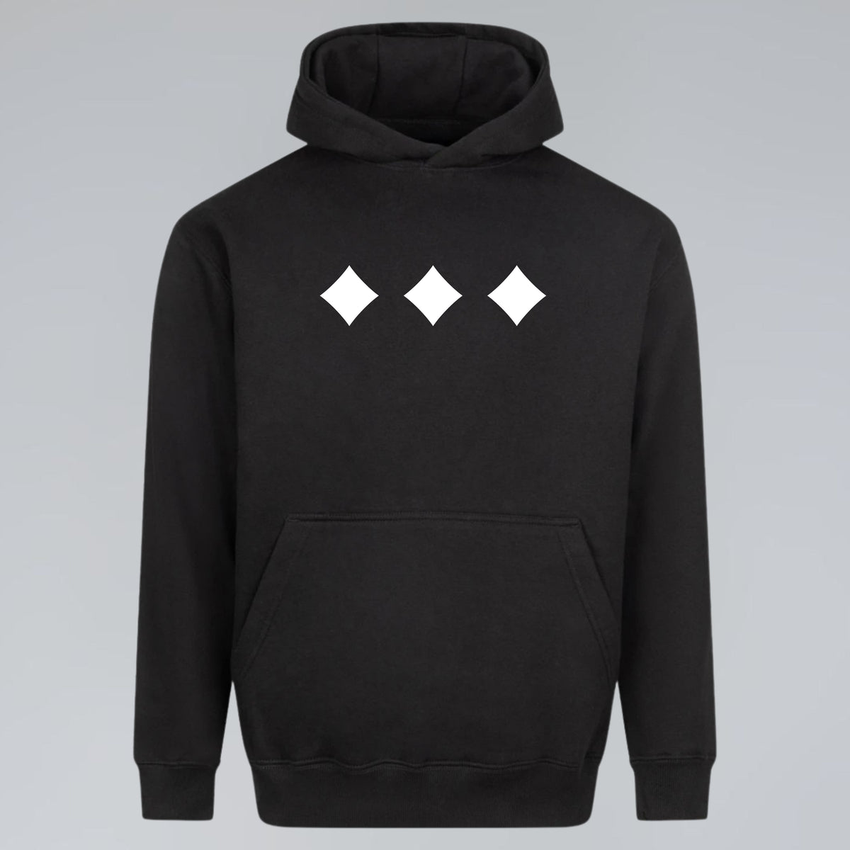 Raised Below black heavyweight hoodie with three white diamond symbols across the chest