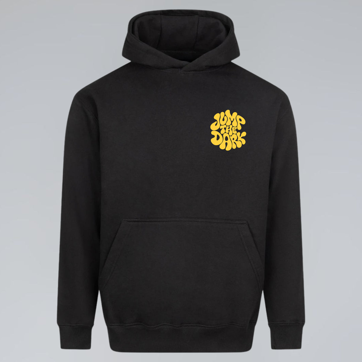 Black heavyweight graphic hoodie with small yellow Jump the Dark chest design