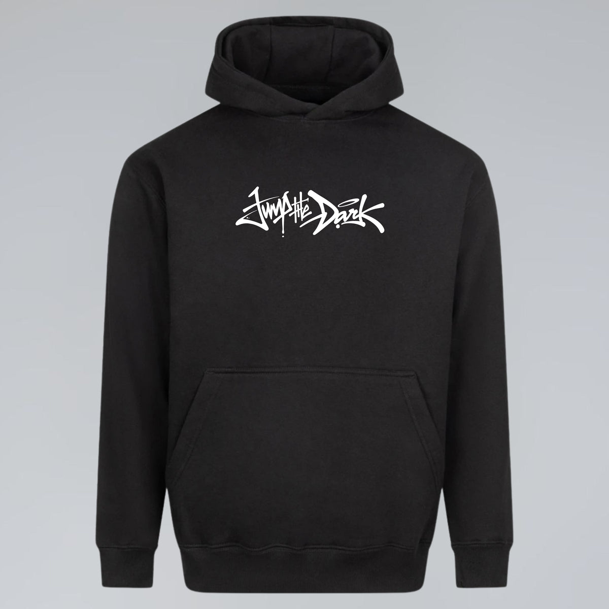 Black Signature heavyweight hoodie with white handwritten Jump the Dark front graphic