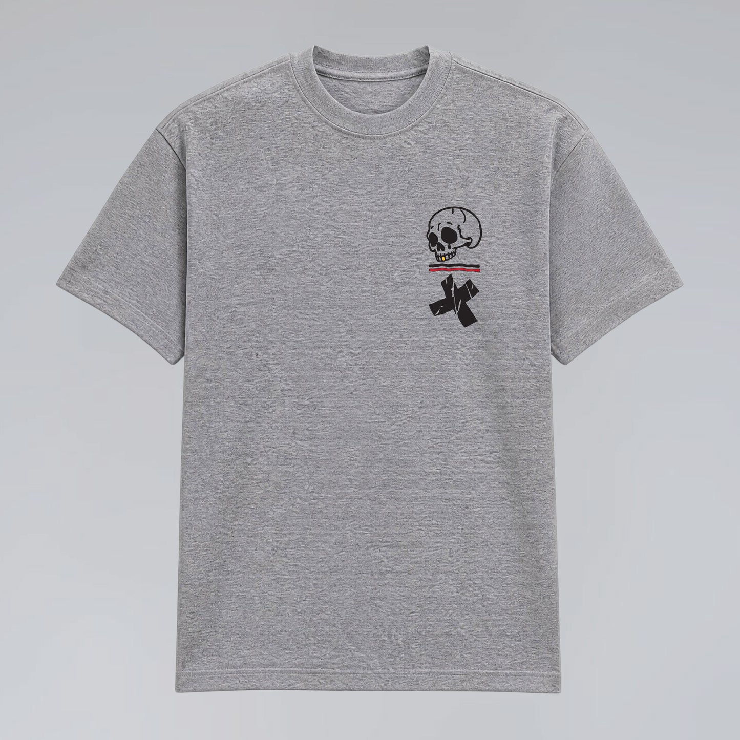 Front flat lay of heather grey Jump the Dark Step Through graphic t-shirt with skull pocket print