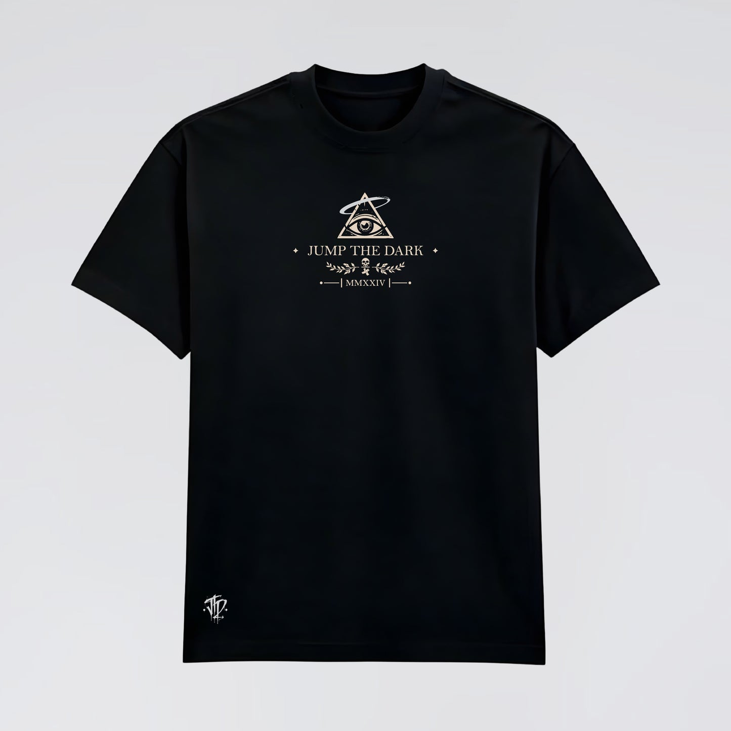 Front flat lay of The Last Witness black graphic alternative tee.