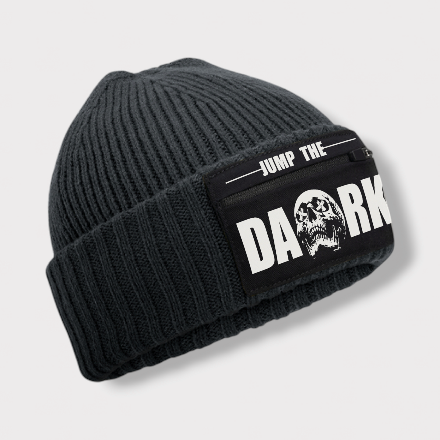 Jump the Dark Grey Beanie Hat with Zipper Patch Detail - Graphic Streetwear Beanie Hat With Zip