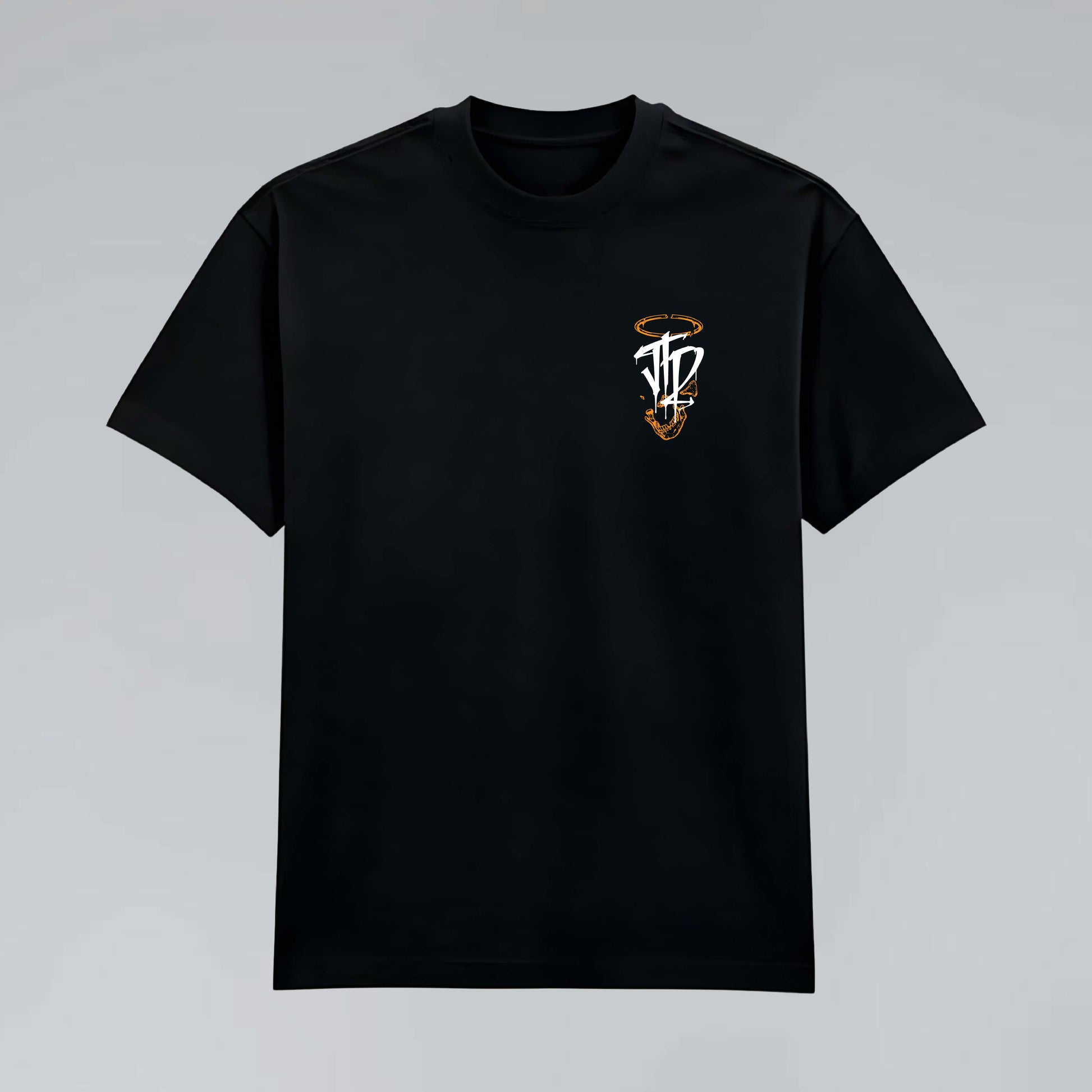 Afterform 245 GSM black cotton T-shirt laid flat with small skeletal JTD chest emblem