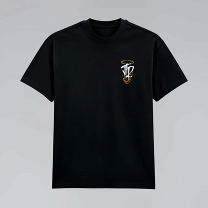 Afterform 245 GSM black cotton T-shirt laid flat with small skeletal JTD chest emblem