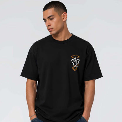 Afterform black heavy graphic T-shirt worn with white JTD insignia, orange halo and skeletal chest detail