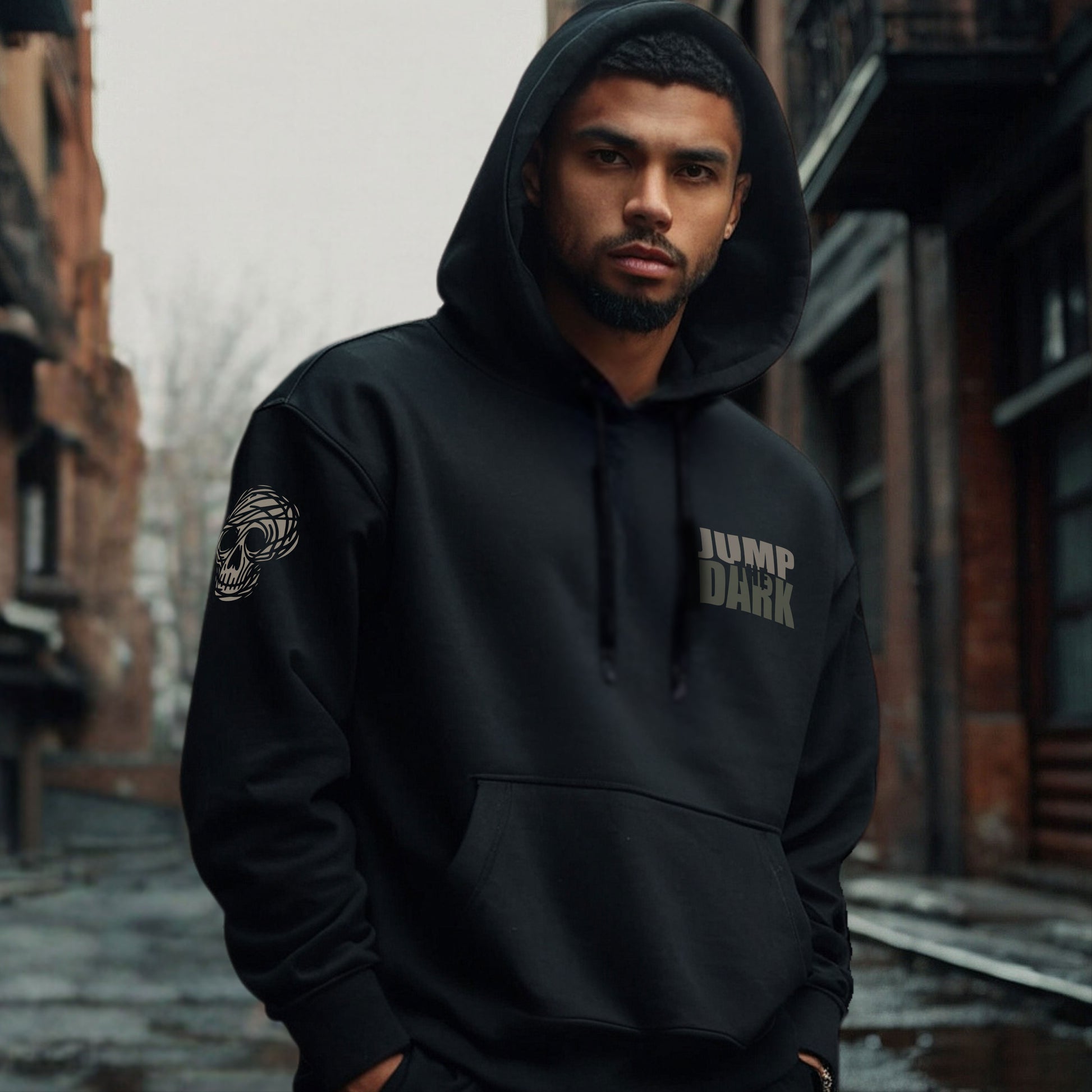 Men's Graphic Hoodie - Black hoodie - Urban Hood - Pocket Print - Skull - Jump the Dark
