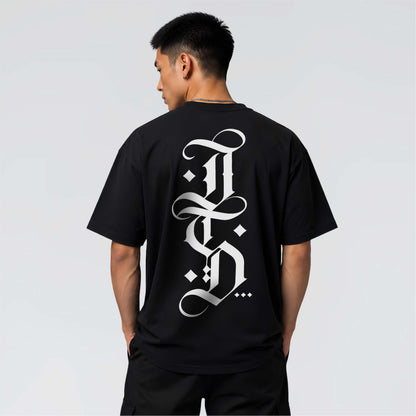 The Blackletter black heavyweight graphic T-shirt with oversized white blackletter JTD back print