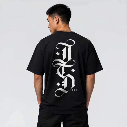 The Blackletter black heavyweight graphic T-shirt with oversized white blackletter JTD back print