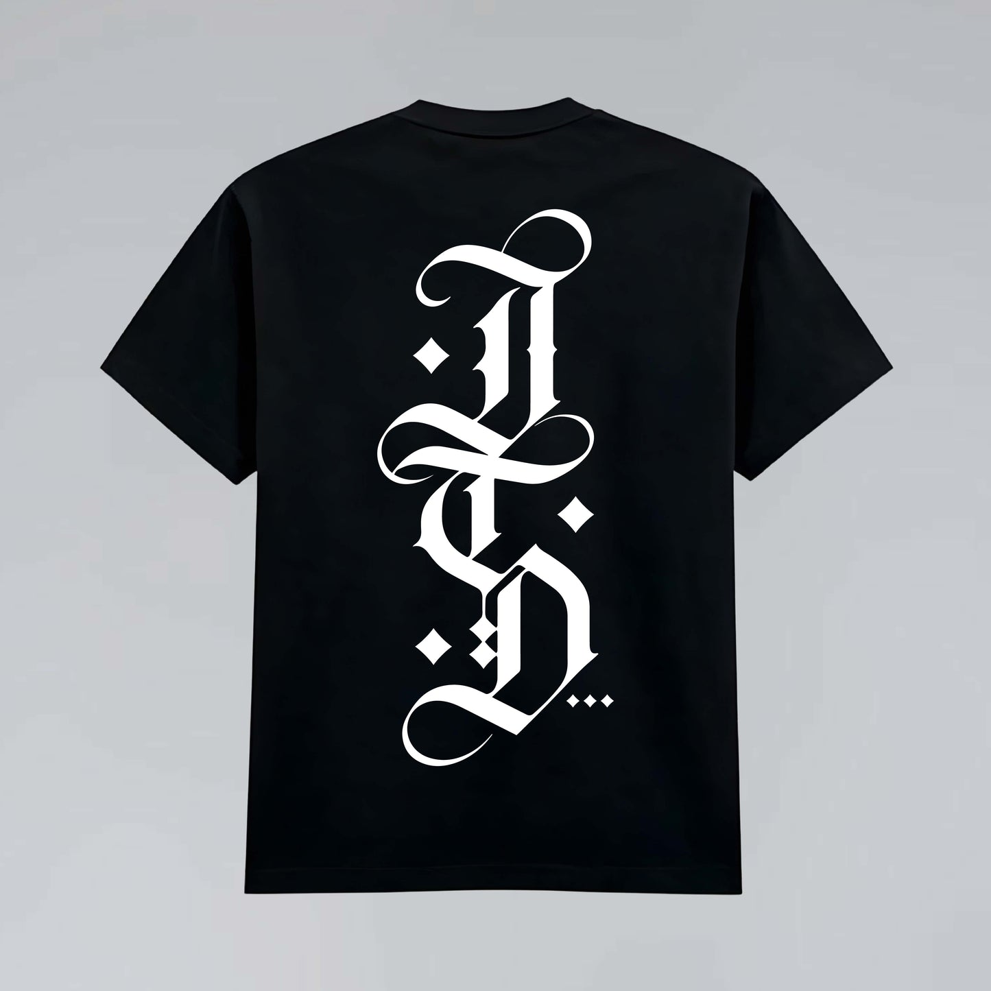 The Blackletter black graphic streetwear t shirt with back print featuring gothic JTD logo