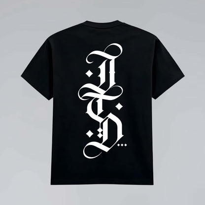 The Blackletter black graphic streetwear t shirt with back print featuring gothic JTD logo