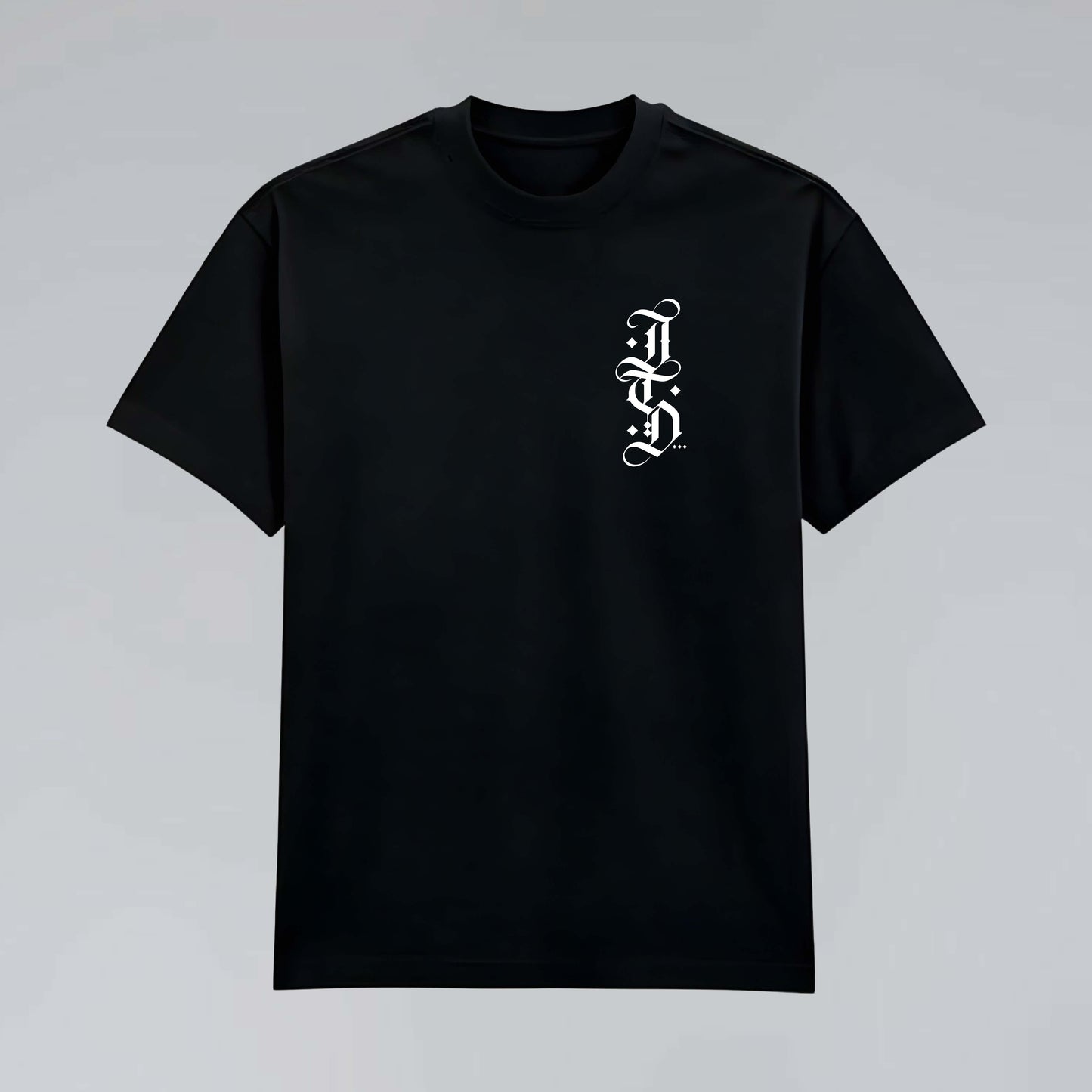 The Blackletter flat view black graphic tee with white pocket print
