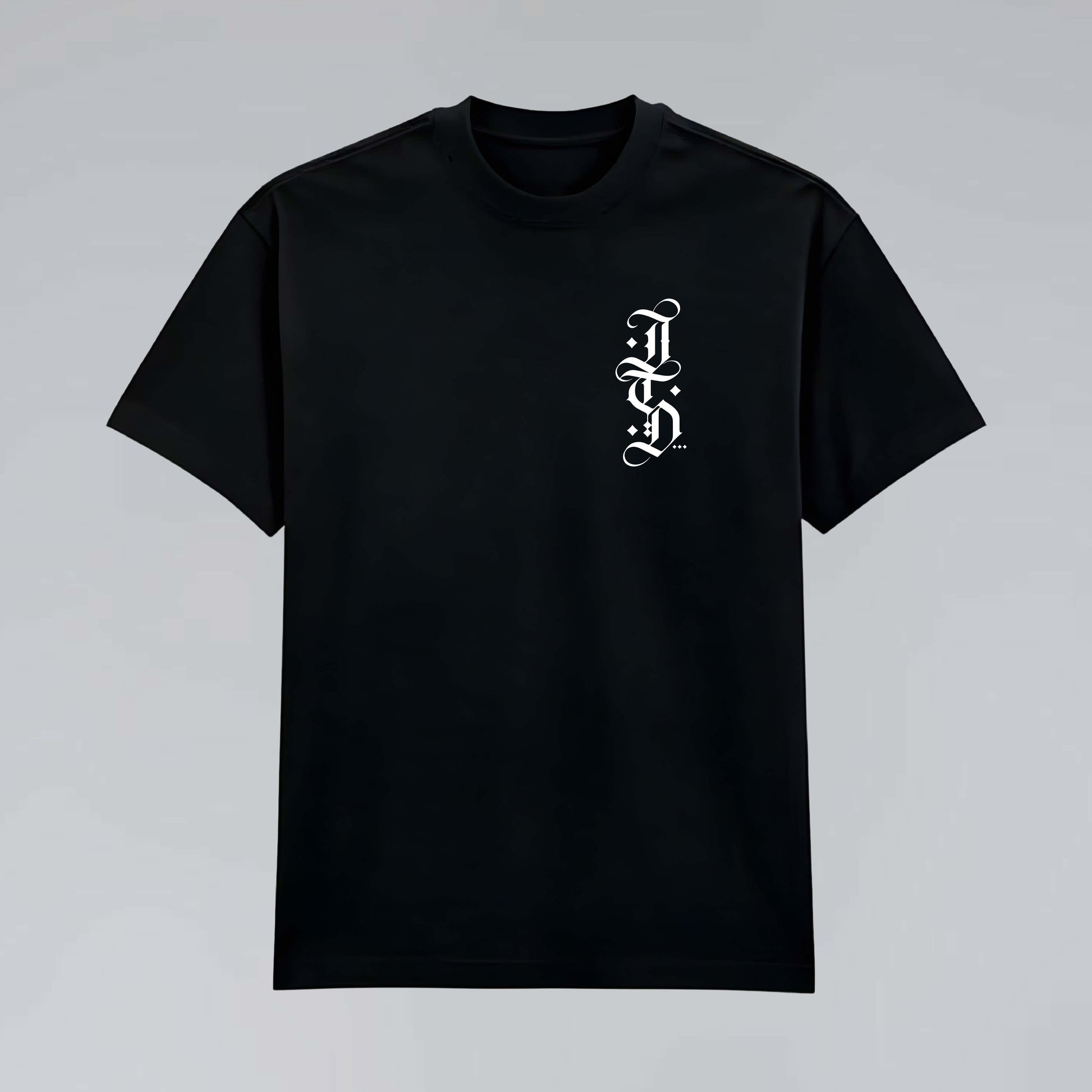 The Blackletter flat view black graphic tee with white pocket print