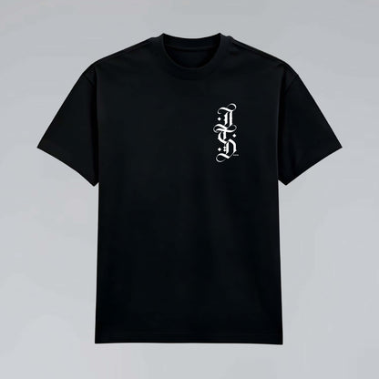 The Blackletter flat view black graphic tee with white pocket print