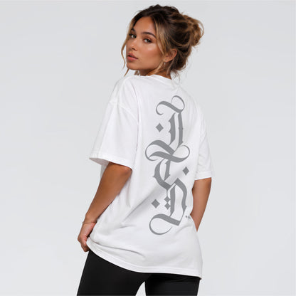 The Blackletter white heavyweight graphic T-shirt with oversized grey blackletter JTD back print