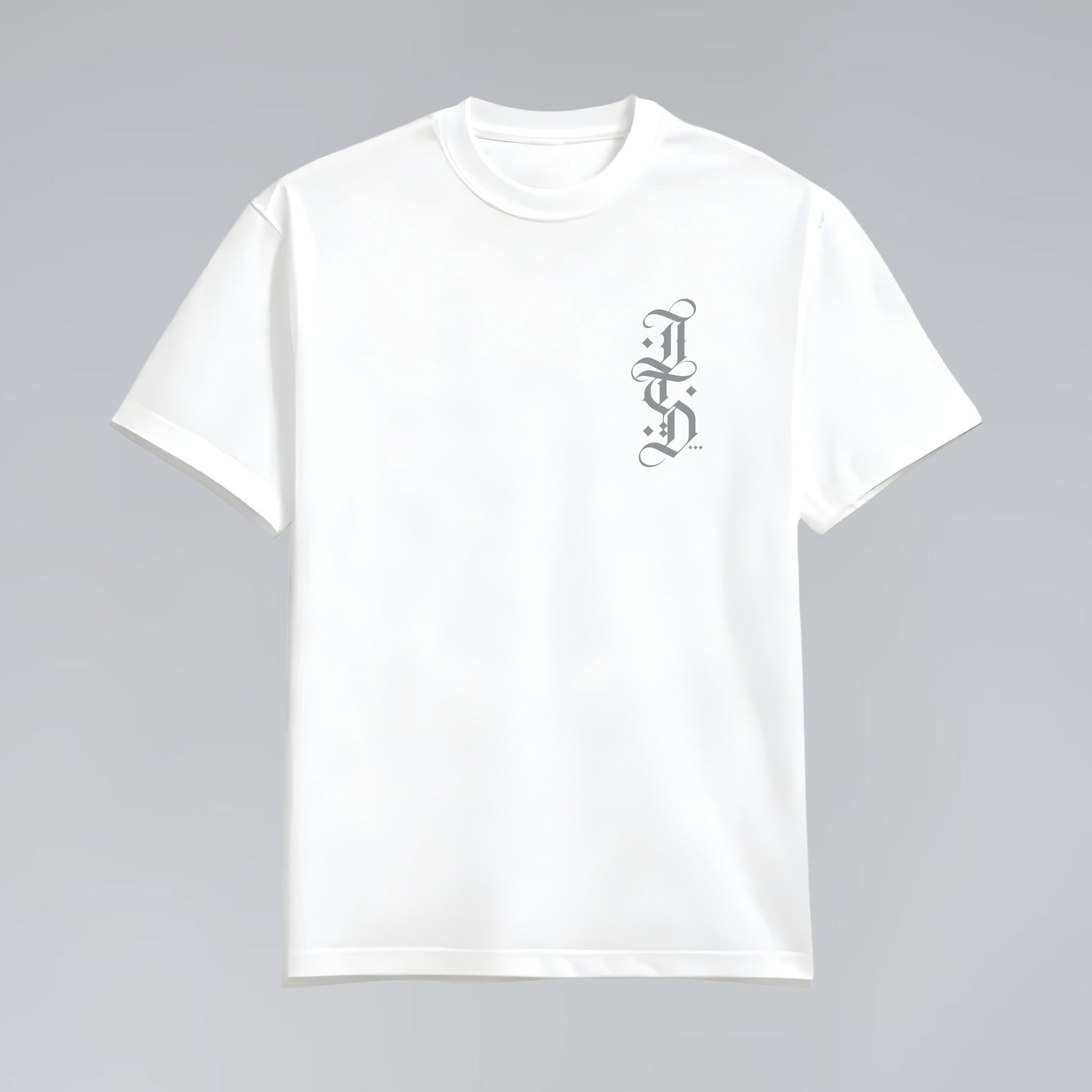 The blackletter white t shirt front view with pocket print in grey 