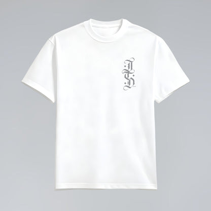 The blackletter white t shirt front view with pocket print in grey 