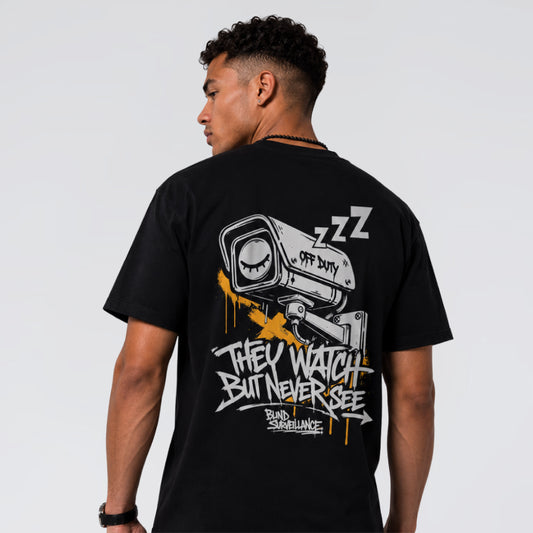 Back print of Blind Surveillance black heavyweight streetwear t-shirt.