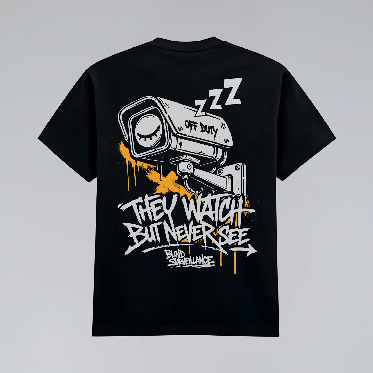 Back flat lay of Blind Surveillance black urban streetwear t-shirt.