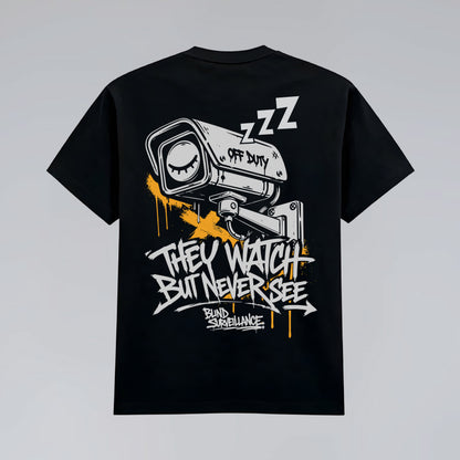 Back flat lay of Blind Surveillance black urban streetwear t-shirt.