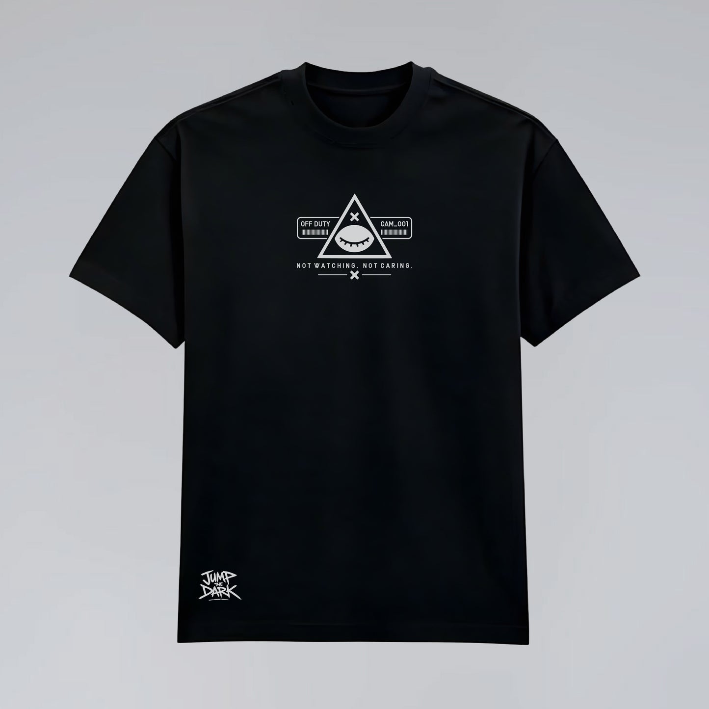 Front flat lay of Blind Surveillance black premium cotton graphic tee.