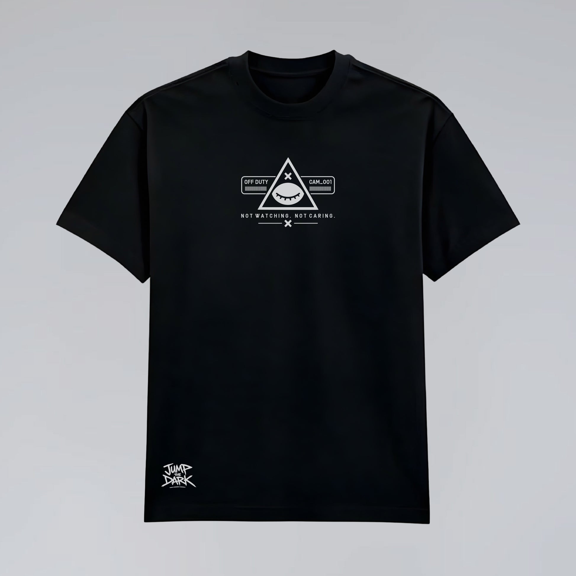 Front flat lay of Blind Surveillance black premium cotton graphic tee.
