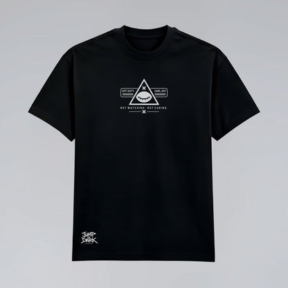 Front flat lay of Blind Surveillance black premium cotton graphic tee.