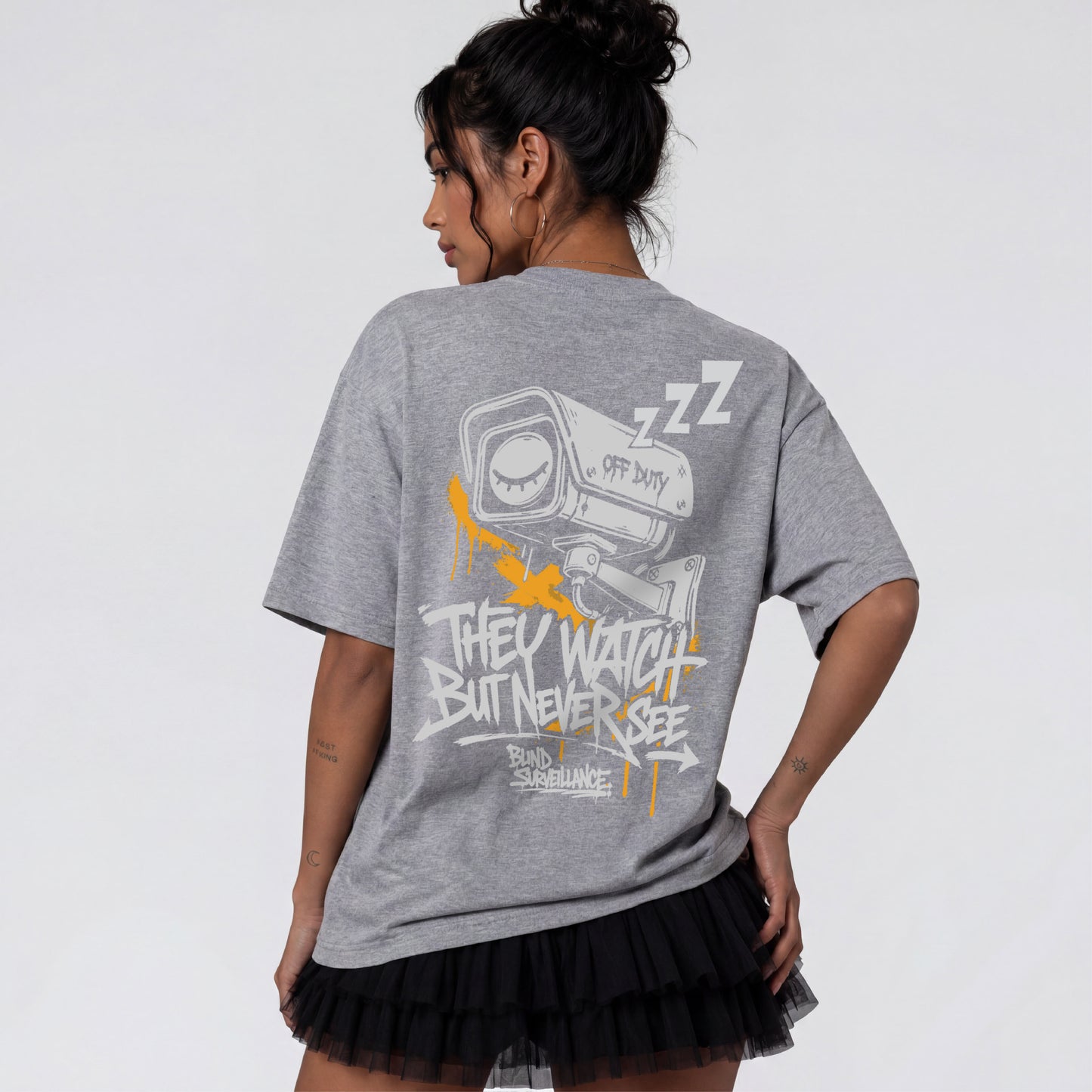 Back graphic of Blind Surveillance grey urban streetwear t-shirt for men and women.