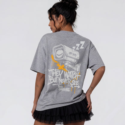 Back graphic of Blind Surveillance grey urban streetwear t-shirt for men and women.