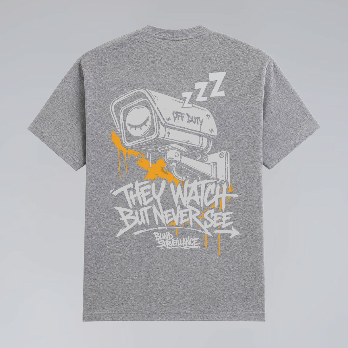 Back flat lay of Blind Surveillance grey graffiti graphic t-shirt.