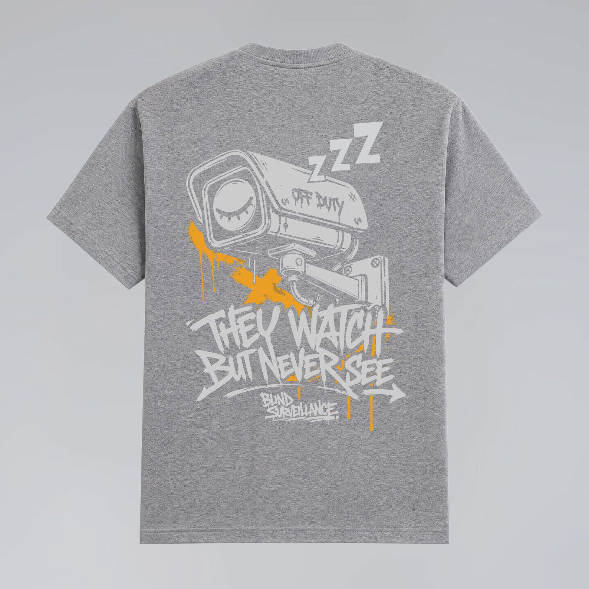 Back flat lay of Blind Surveillance grey graffiti graphic t-shirt.