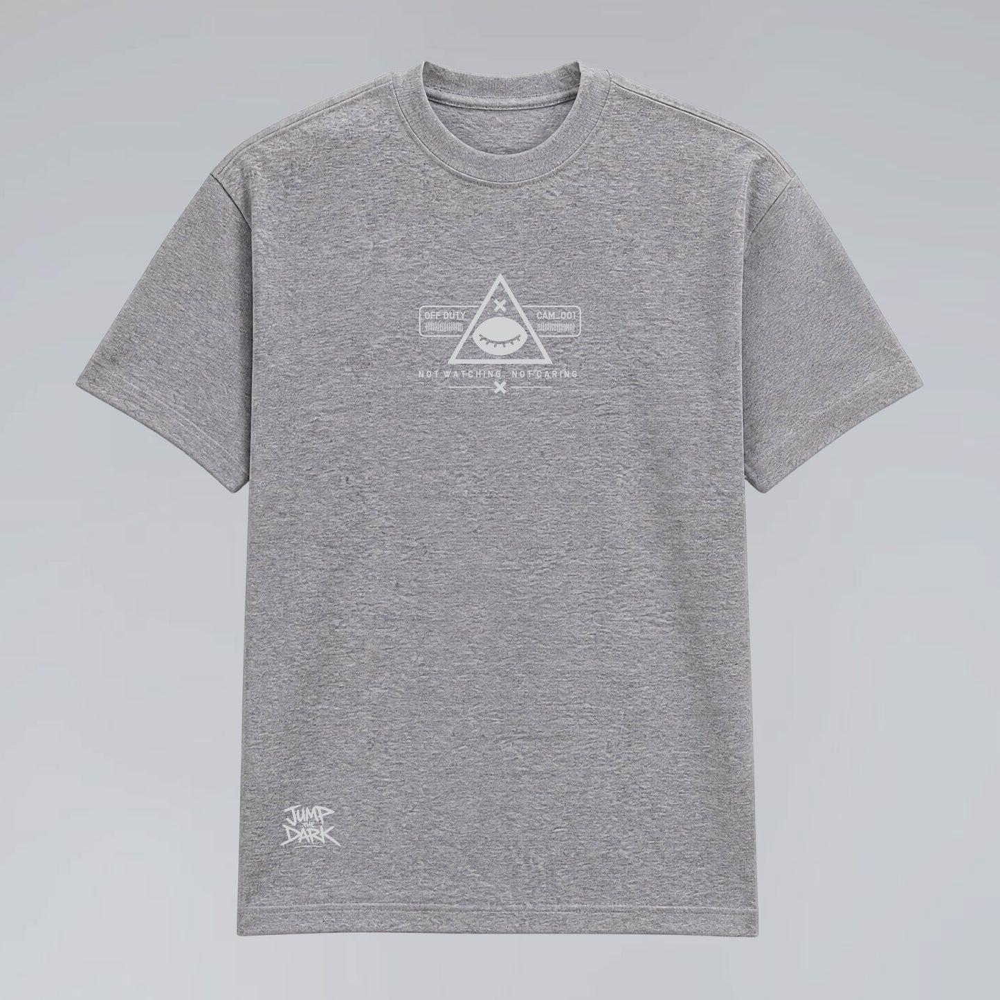Front flat lay of Blind Surveillance grey unisex graphic streetwear tee.