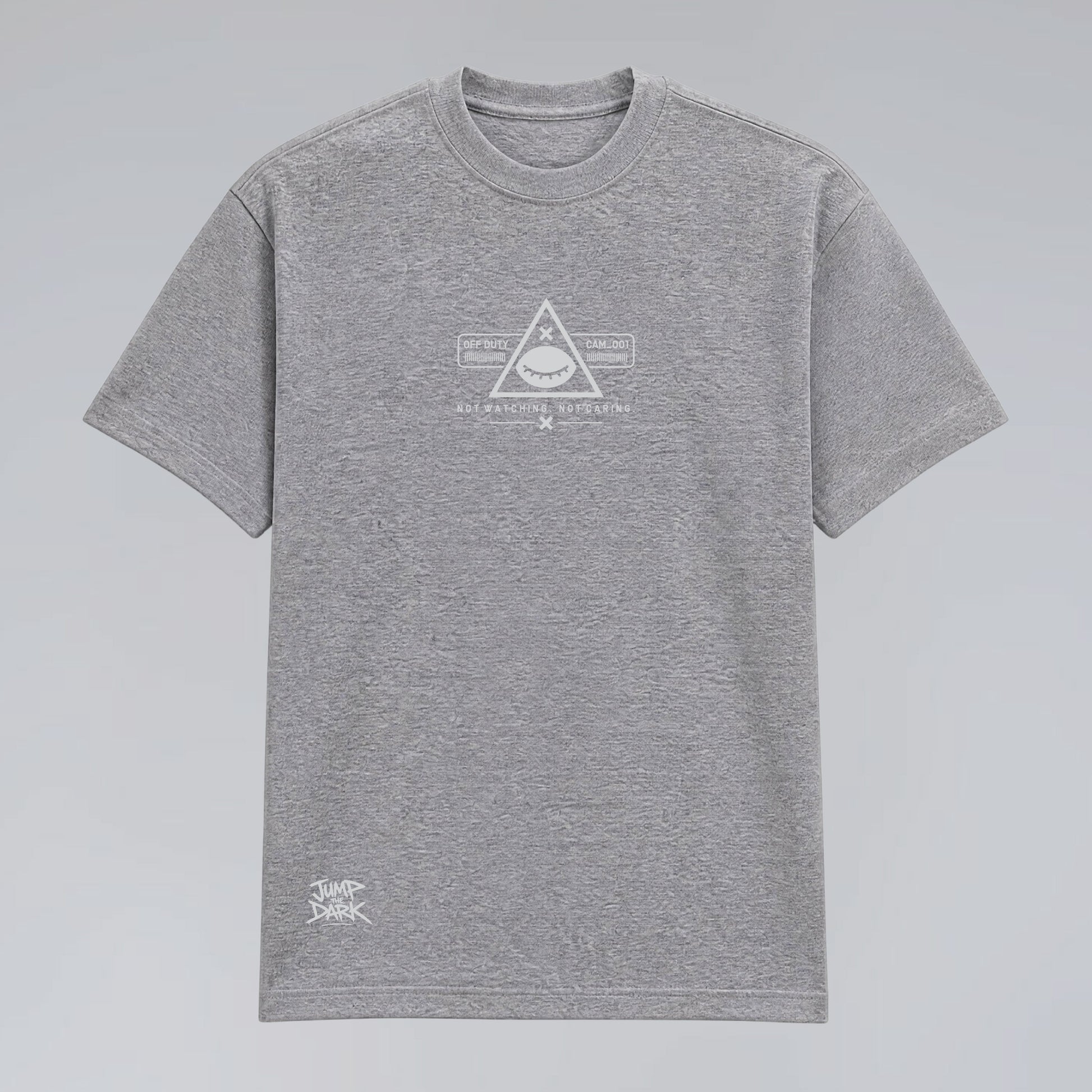 Front flat lay of Blind Surveillance grey unisex graphic streetwear tee.