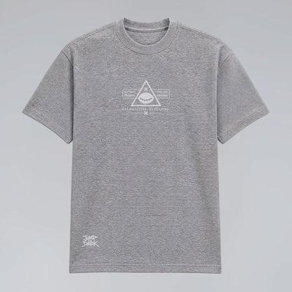Front flat lay of Blind Surveillance grey unisex graphic streetwear tee.