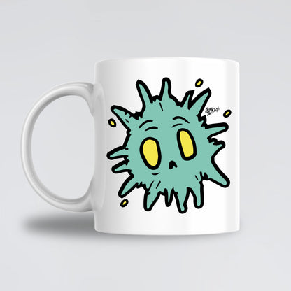 Plague Punk mug back view featuring virus character graphic on white 11oz ceramic mug