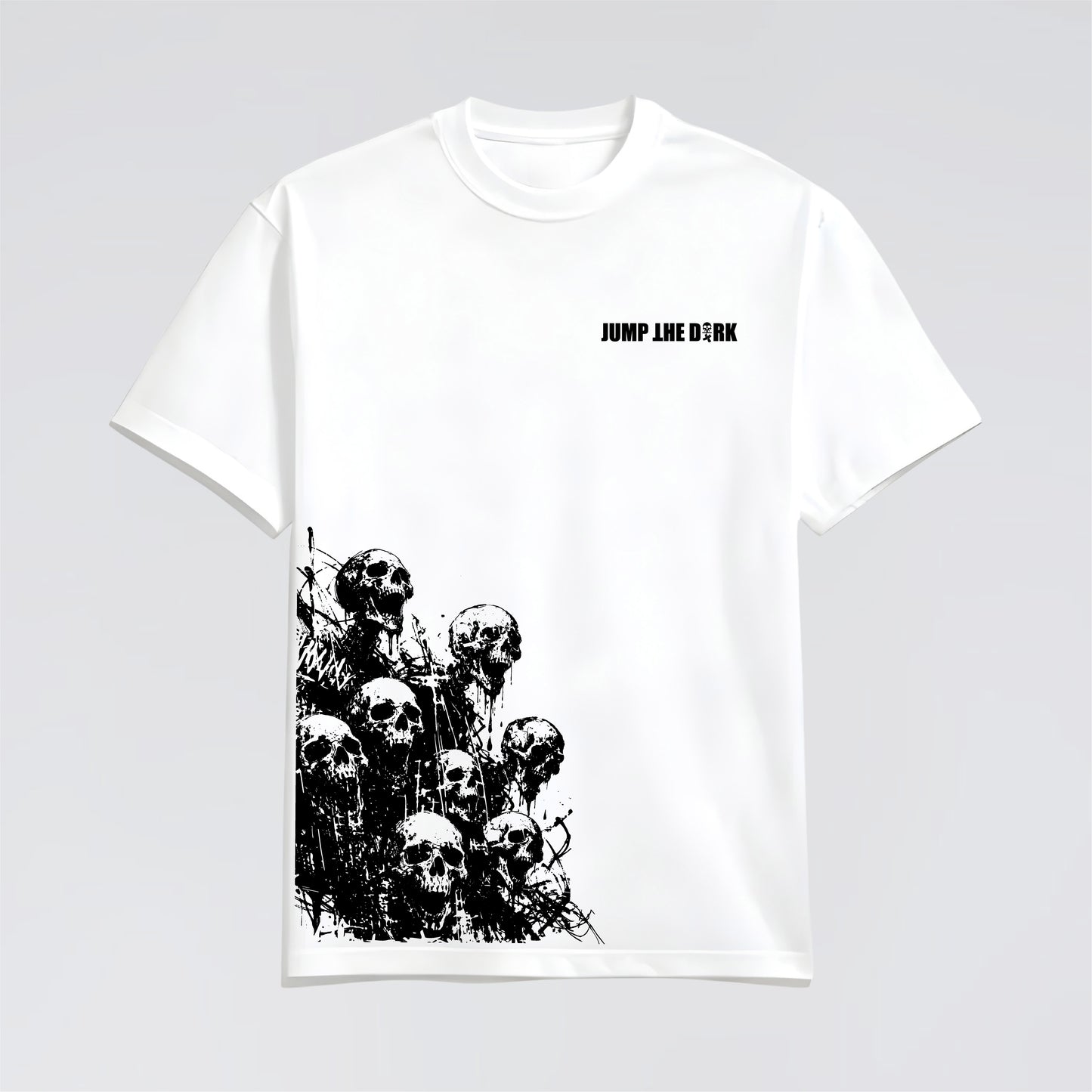 Contemporary street fashion t-shirt with black skull design