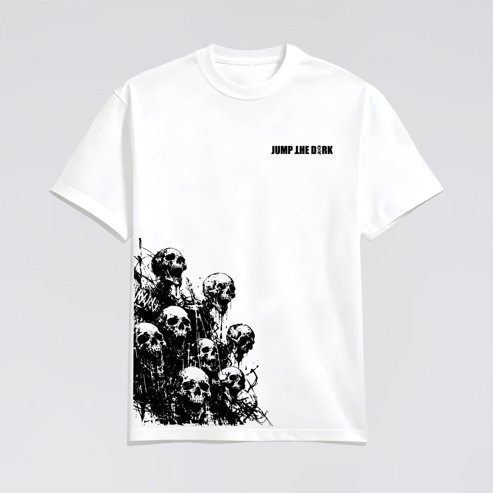 Contemporary street fashion t-shirt with black skull design