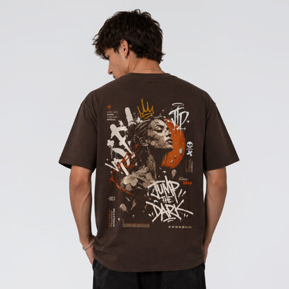 Back graphic of Broken Saint brown streetwear graphic t-shirt.