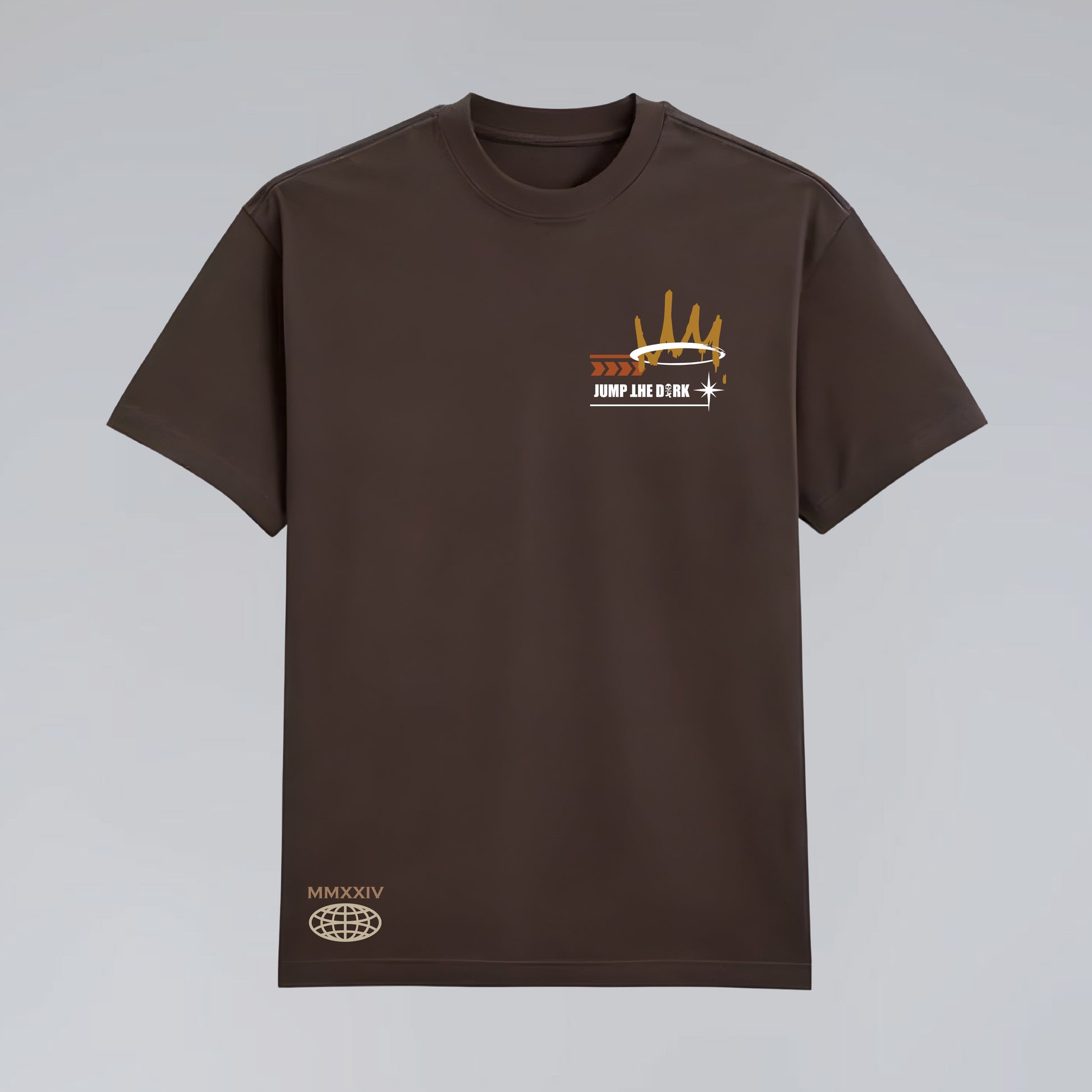 Front flat lay of Broken Saint brown graphic T-shirt by Jump The Dark