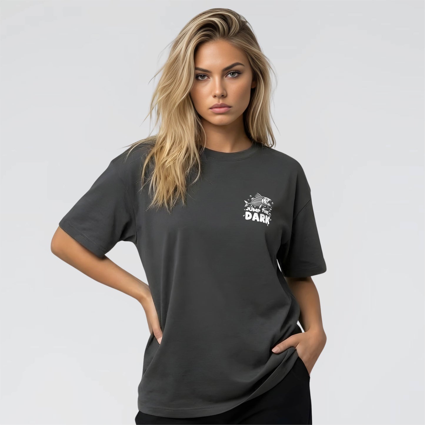 Everyday Streetwear T-Shirt, Anthracite with fun graphics for Cat lovers. Jump The Dark