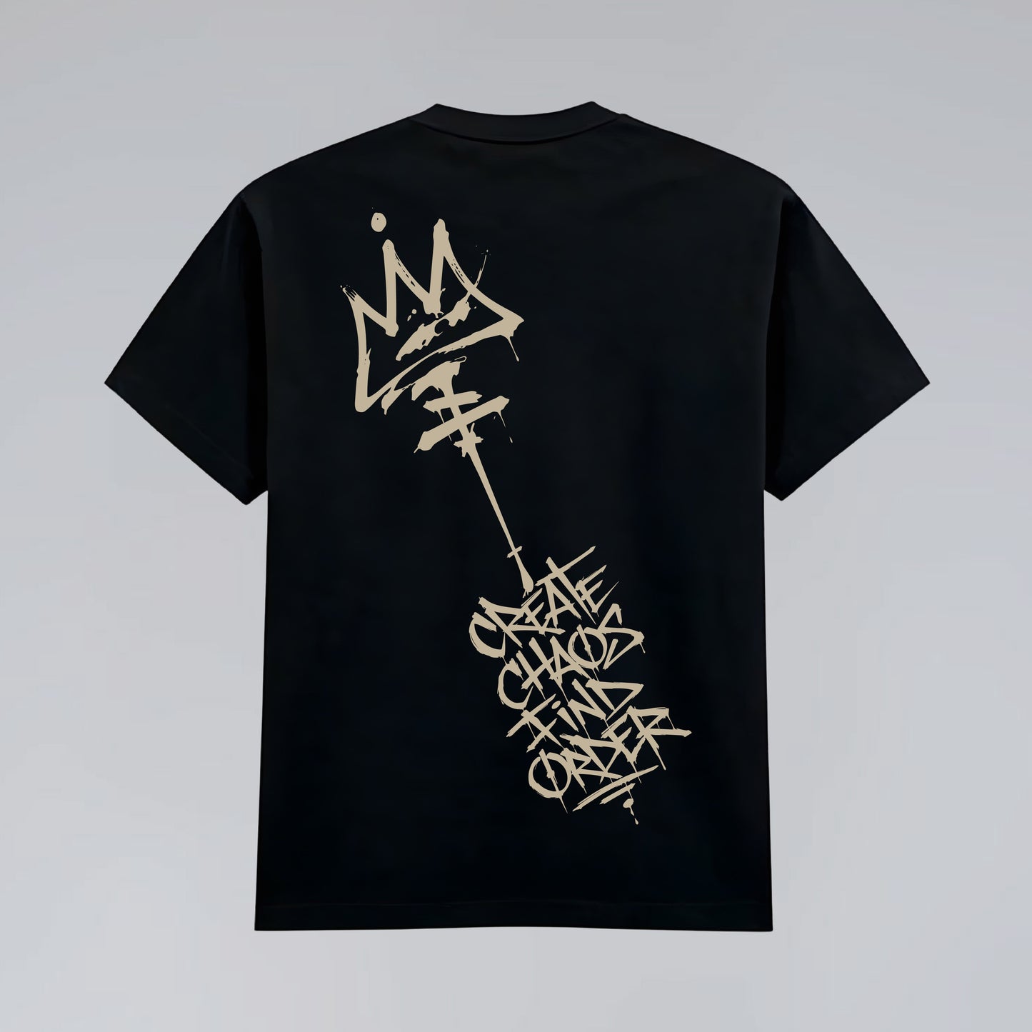 Back flat lay of Chaos and Order black graffiti inspired heavyweight tee.