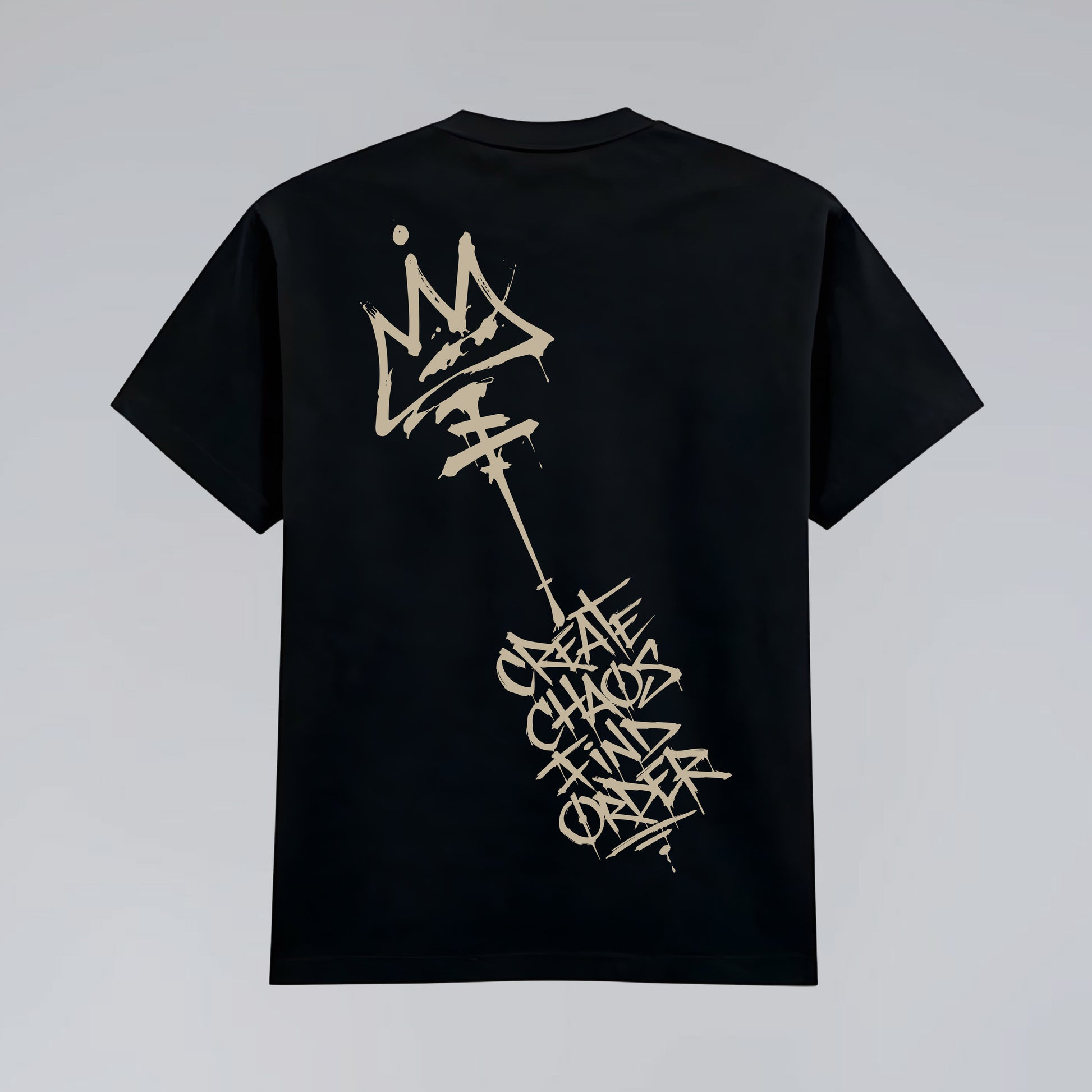 Back flat lay of Chaos and Order black graffiti inspired heavyweight tee.